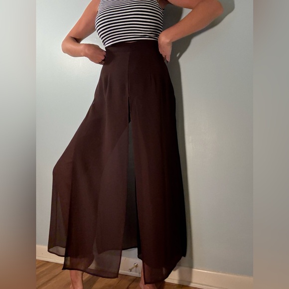 MSK Chocolate Wide-Leg Chiffon Women's Pants, Brown Panel Overlay Dress Pants M - Picture 12 of 16